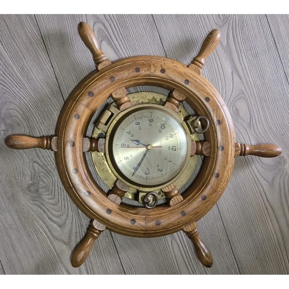 Vintage Brass & Wood Clock Ship's Time Walnut Wheel 18